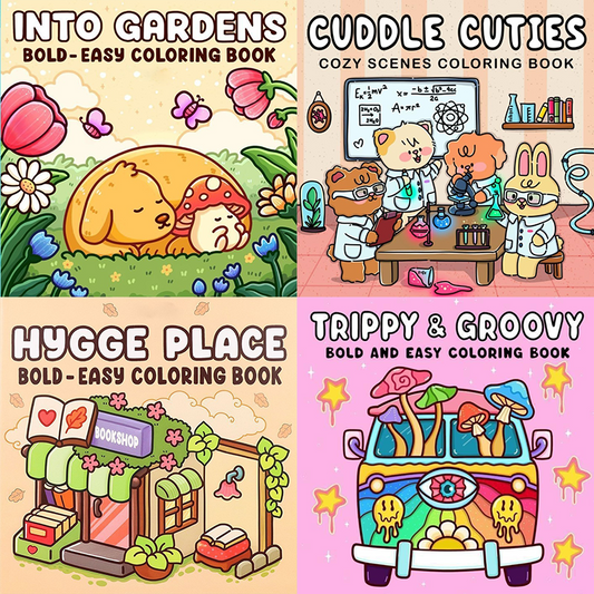 4-Pack Cute & Cozy Coloring Books for Kids, Kawaii Art Therapy Stress Relief Coloring Set with many Healing Illustrations, Mindfulness Drawing Book for Children Teens Ages 3+, Perfect Gift for Relaxation and Creativity【CUDDLE CUTIES+INTO GARDENS+HYGGE PLA