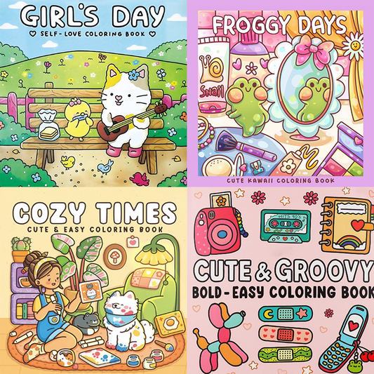 4-Pack Cute & Cozy Coloring Books for Kids, Kawaii Art Therapy Stress Relief Coloring Set with many Healing Illustrations, Mindfulness Drawing Book for Children Teens Ages 3+, Perfect Gift for Relaxation and Creativity【CUTE&GROOVY+GIRL'S DAY+FROGGY DAYS+C