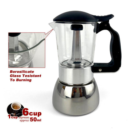 Borosilicate Glass Stainless Steel Moka Pot Coffee Maker Italian Espresso 6Cups.