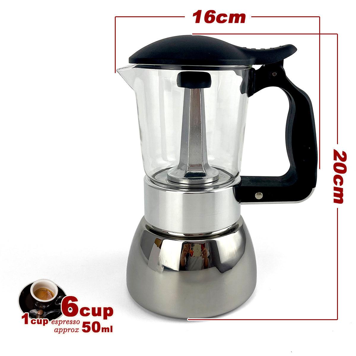 Borosilicate Glass Stainless Steel Moka Pot Coffee Maker Italian Espresso 6Cups.