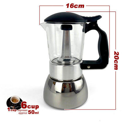 Borosilicate Glass Stainless Steel Moka Pot Coffee Maker Italian Espresso 6Cups.