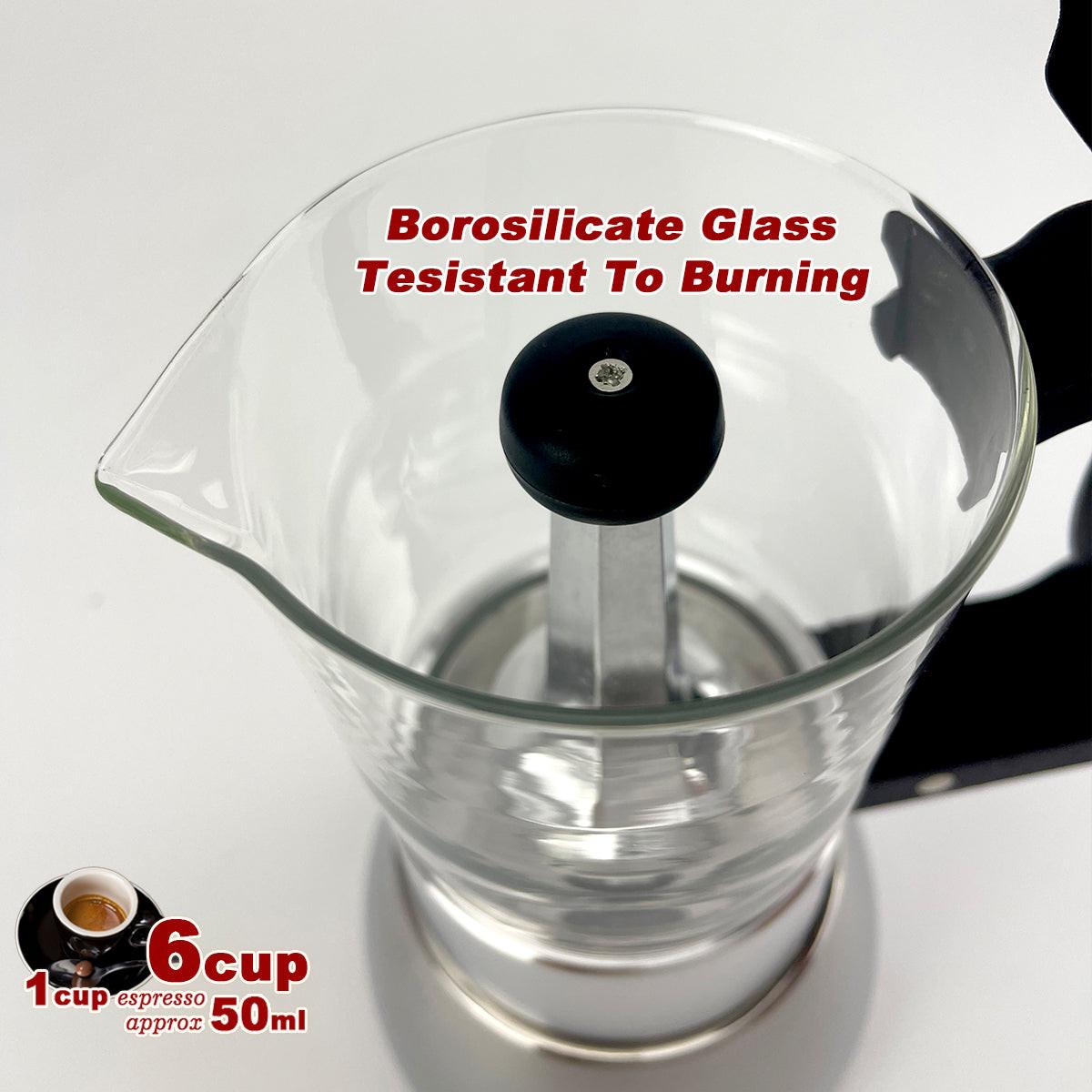 Borosilicate Glass Stainless Steel Moka Pot Coffee Maker Italian Espresso 6Cups.