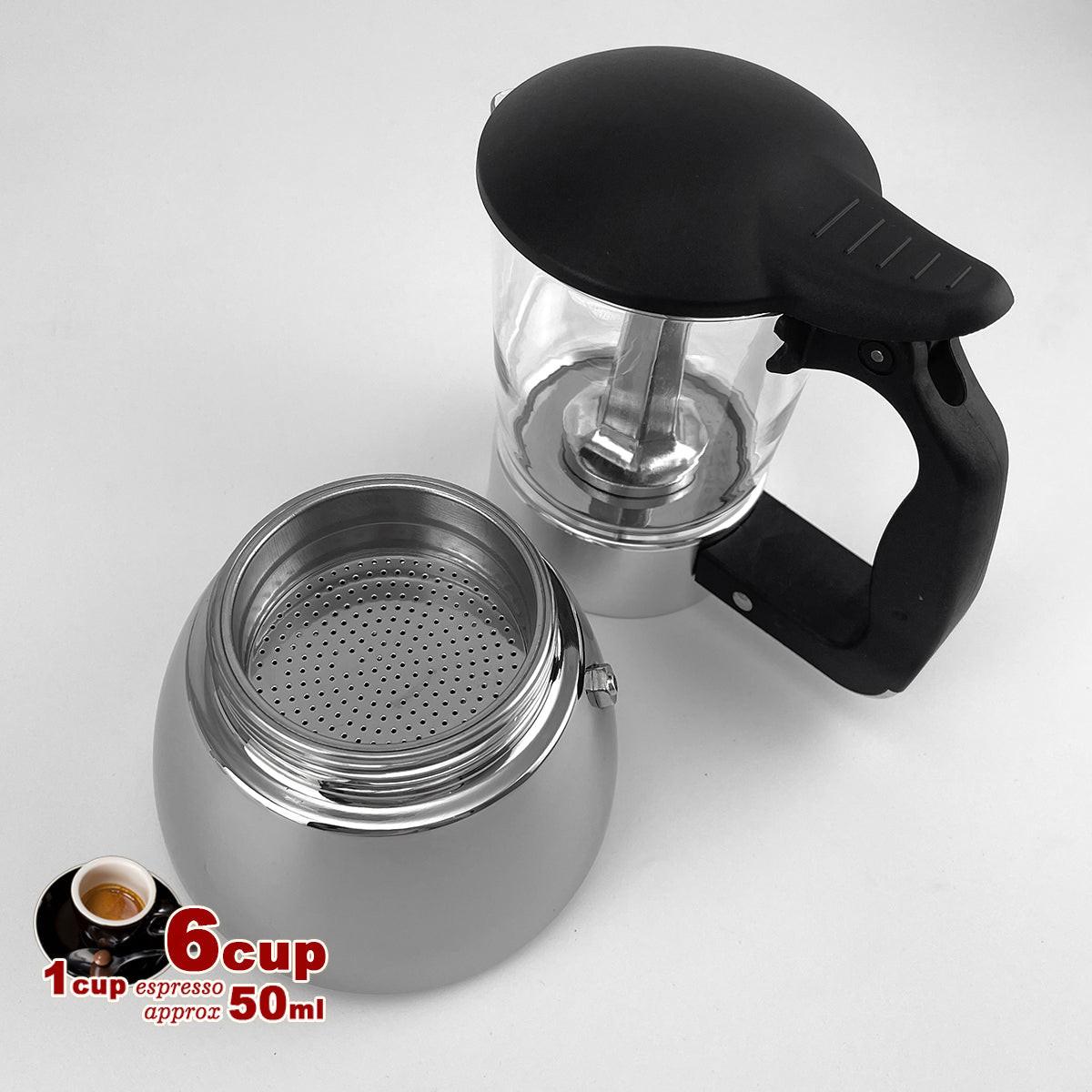 Borosilicate Glass Stainless Steel Moka Pot Coffee Maker Italian Espresso 6Cups.