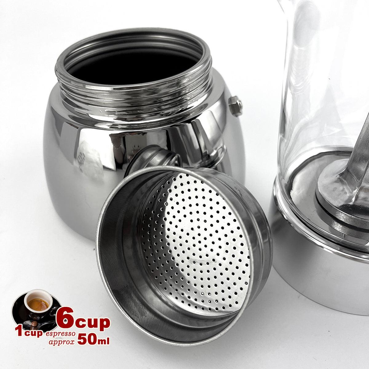 Borosilicate Glass Stainless Steel Moka Pot Coffee Maker Italian Espresso 6Cups.