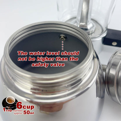 Borosilicate Glass Stainless Steel Moka Pot Coffee Maker Italian Espresso 6Cups.