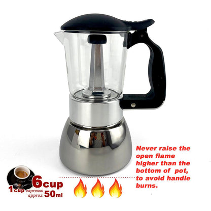 Borosilicate Glass Stainless Steel Moka Pot Coffee Maker Italian Espresso 6Cups.