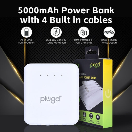 5000mAh Fast Charge Power Bank with 4 Built-in Cables and LED Lights.