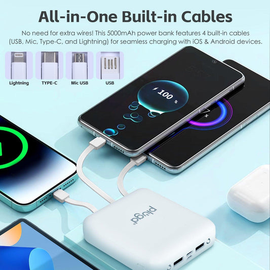 5000mAh Fast Charge Power Bank with 4 Built-in Cables and LED Lights.