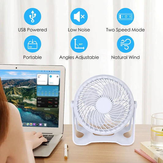 USB Powered Desk Fan â Portable 2-Speed Adjustable Angle Cooling Fan (White).