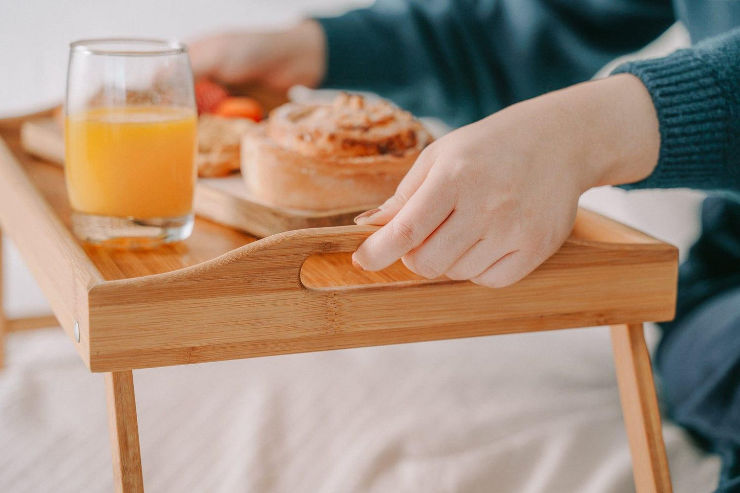 2 x Bamboo Bed Table Breakfast/Snack Serving Tray with Foldable Legs.