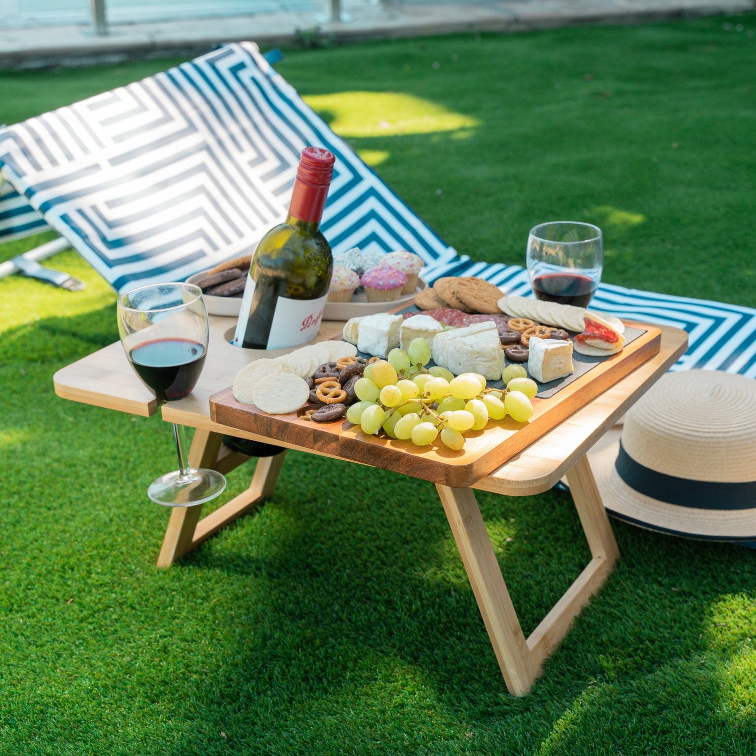 Bamboo Foldable Picnic Table Tray with Wine and Glass Holders.