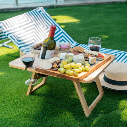 Bamboo Foldable Picnic Table Tray with Wine and Glass Holders.