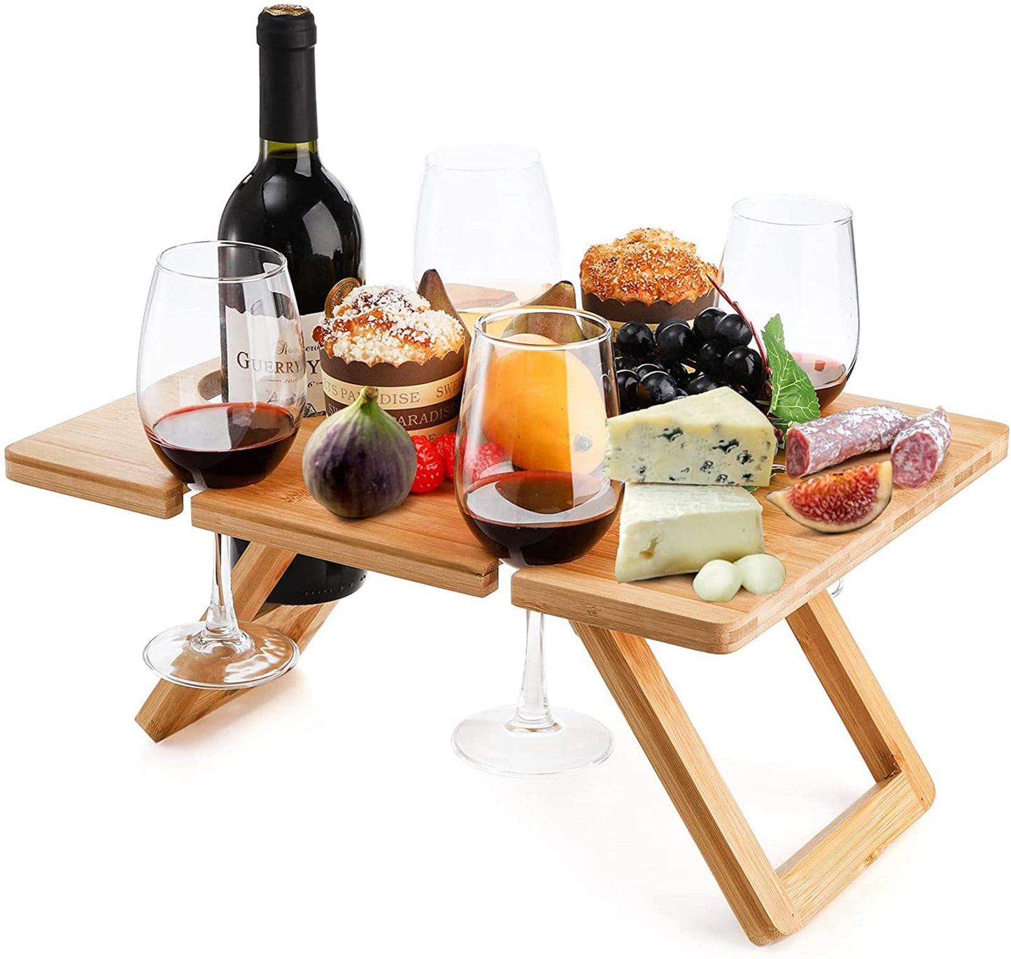 Bamboo Foldable Picnic Table Tray with Wine and Glass Holders.