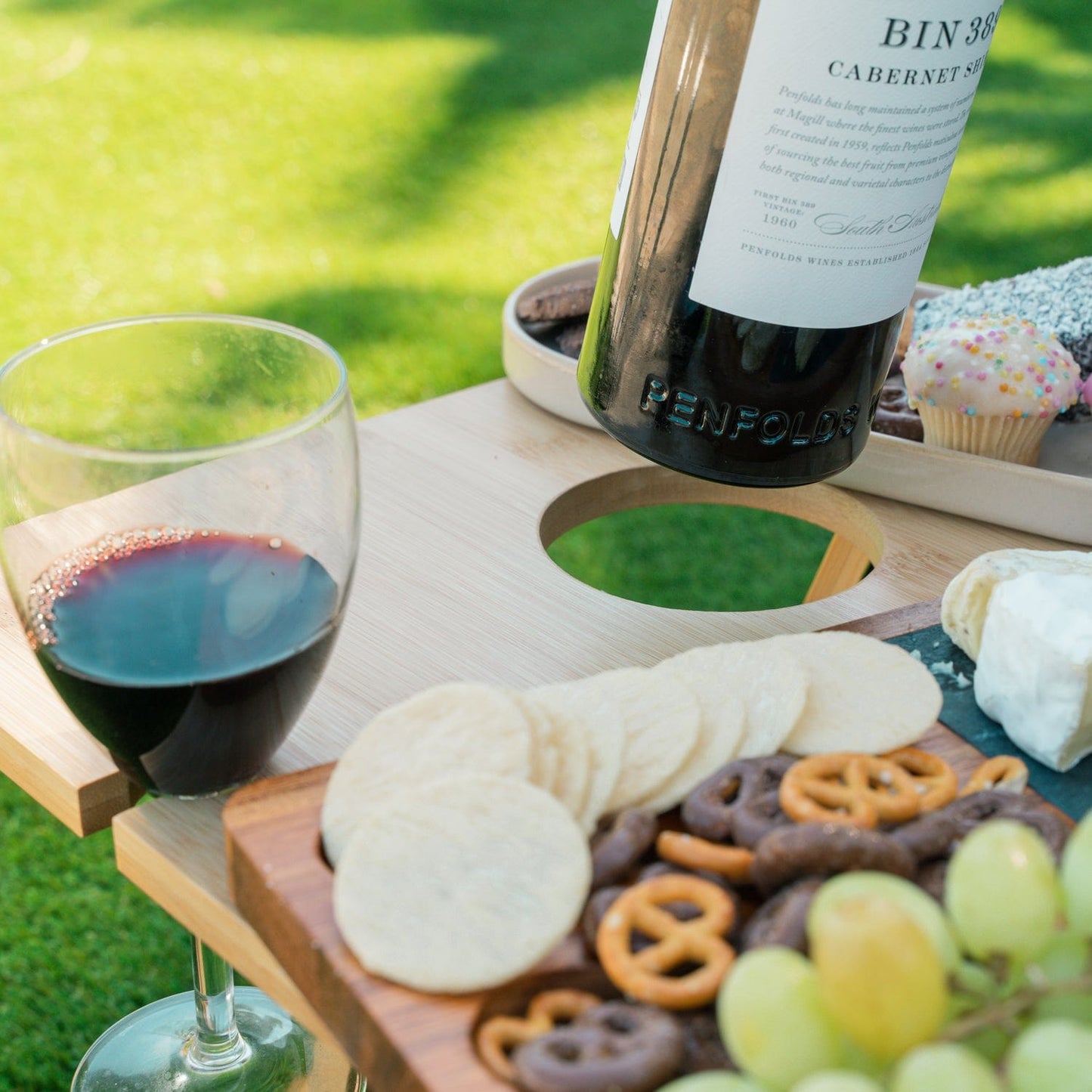 Bamboo Foldable Picnic Table Tray with Wine and Glass Holders.