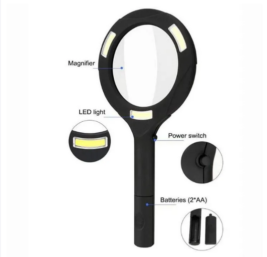 LED Magnifying Glass with COB Light-250 Lumens Glass Lens Ergonomic Handle.
