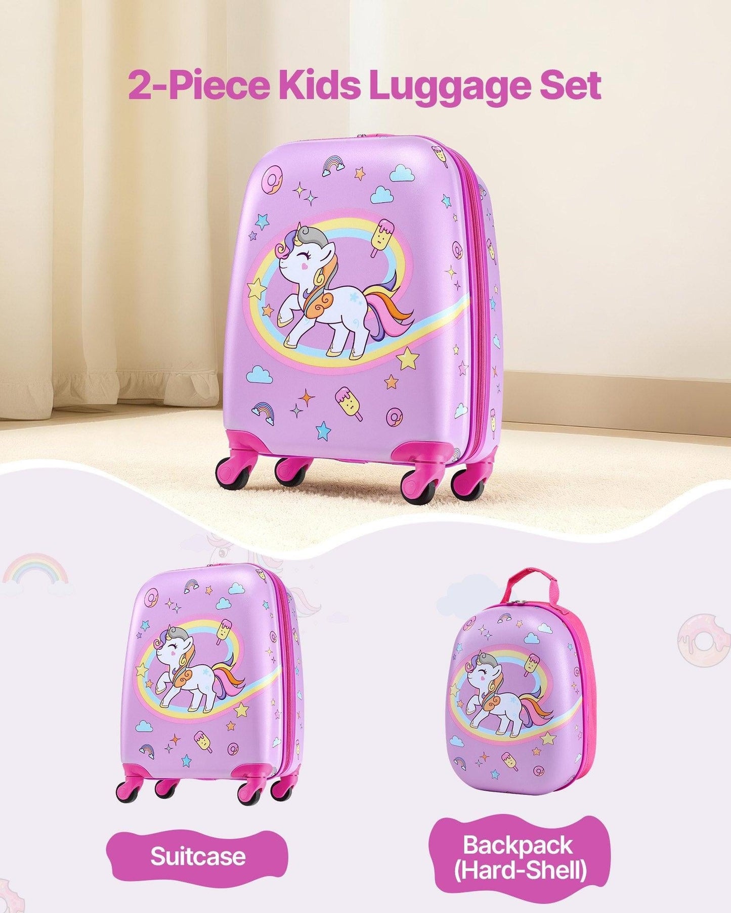 Kids Luggage Set, 2 Piece, 45.7 cm Hardside Rolling Wheels Suitcase with Hard-Shell Backpack, Unicorn Kids Carry on Luggage Set, Holiday Birthday Present for Girls & Boys, Airline Approved.