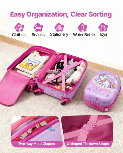 Kids Luggage Set, 2 Piece, 45.7 cm Hardside Rolling Wheels Suitcase with Hard-Shell Backpack, Unicorn Kids Carry on Luggage Set, Holiday Birthday Present for Girls & Boys, Airline Approved.