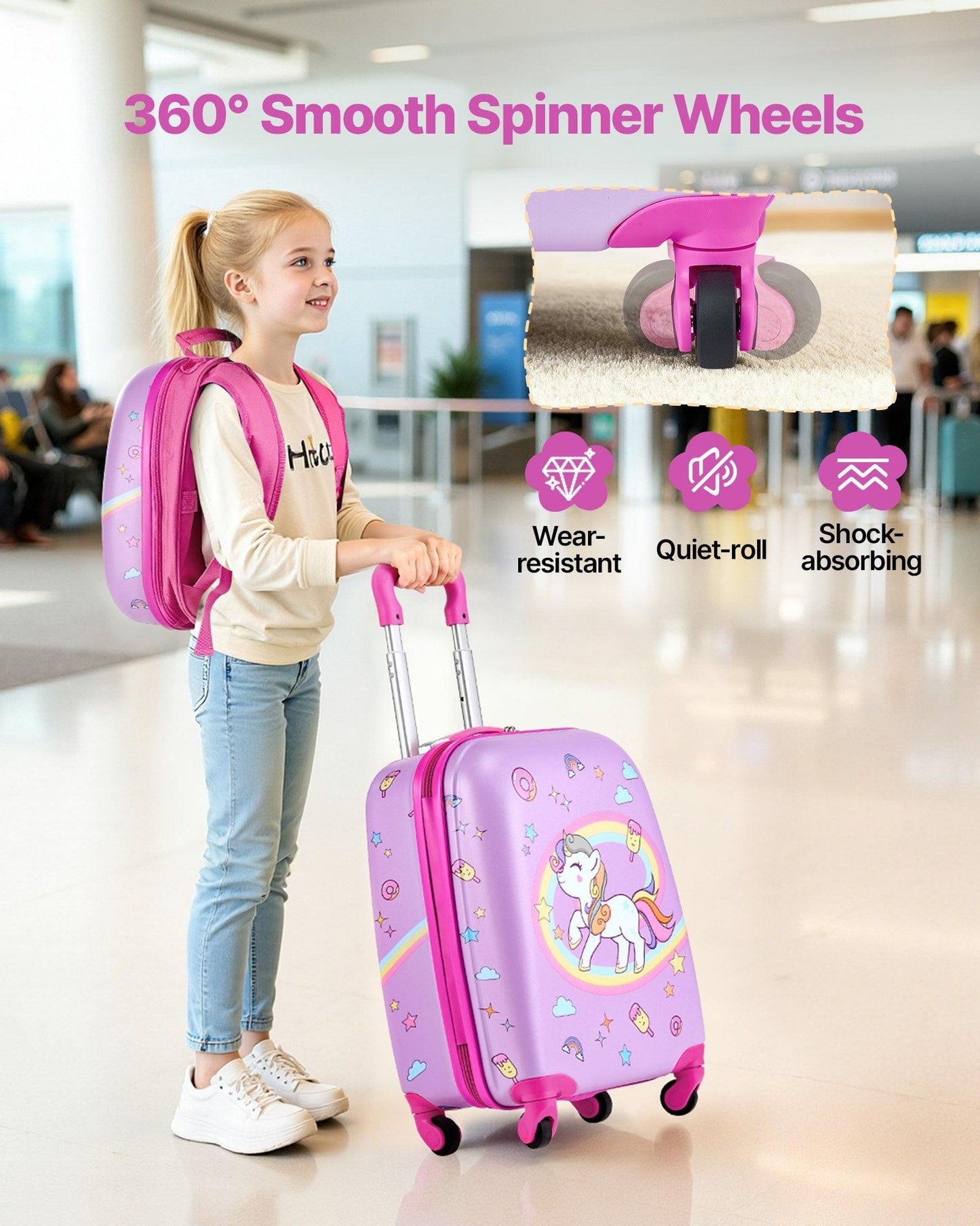 Kids Luggage Set, 2 Piece, 45.7 cm Hardside Rolling Wheels Suitcase with Hard-Shell Backpack, Unicorn Kids Carry on Luggage Set, Holiday Birthday Present for Girls & Boys, Airline Approved.