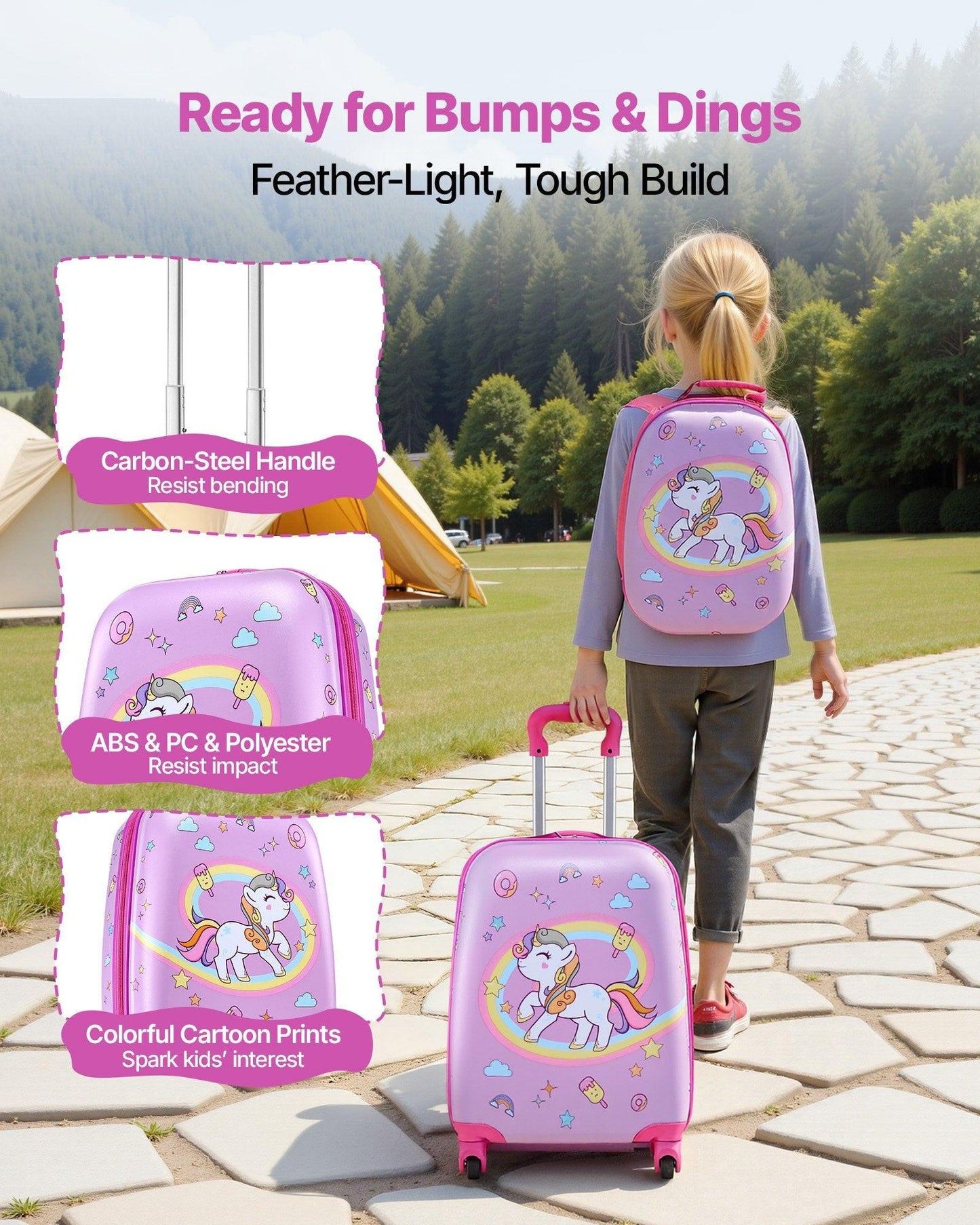 Kids Luggage Set, 2 Piece, 45.7 cm Hardside Rolling Wheels Suitcase with Hard-Shell Backpack, Unicorn Kids Carry on Luggage Set, Holiday Birthday Present for Girls & Boys, Airline Approved.