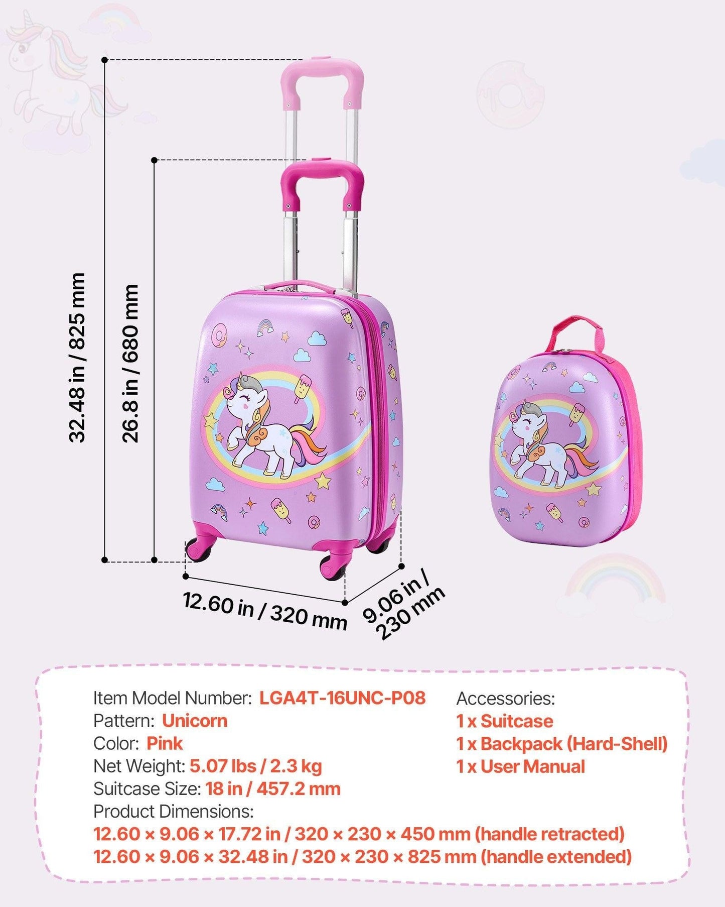 Kids Luggage Set, 2 Piece, 45.7 cm Hardside Rolling Wheels Suitcase with Hard-Shell Backpack, Unicorn Kids Carry on Luggage Set, Holiday Birthday Present for Girls & Boys, Airline Approved.