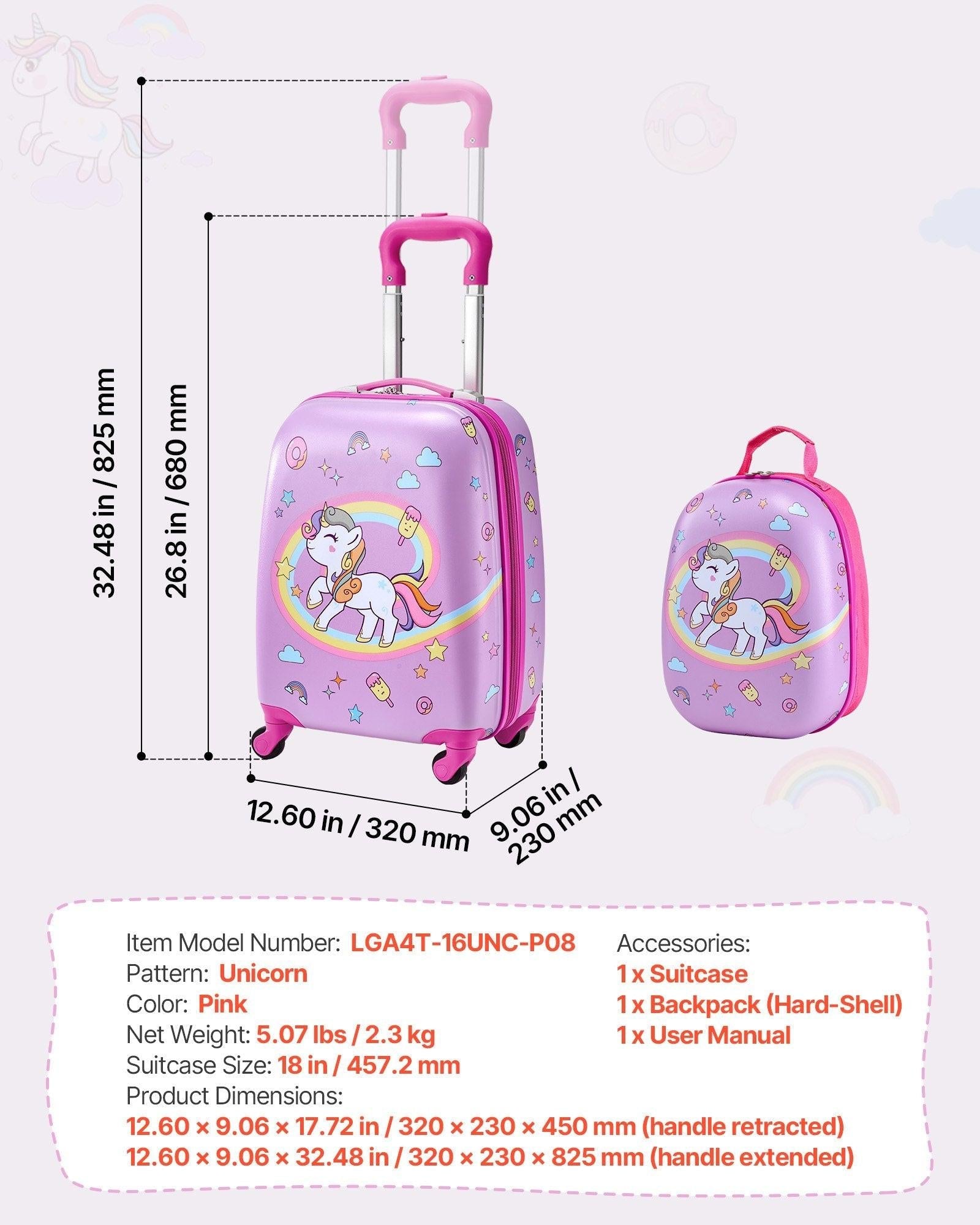 Kids Luggage Set, 2 Piece, 45.7 cm Hardside Rolling Wheels Suitcase with Hard-Shell Backpack, Unicorn Kids Carry on Luggage Set, Holiday Birthday Present for Girls & Boys, Airline Approved.