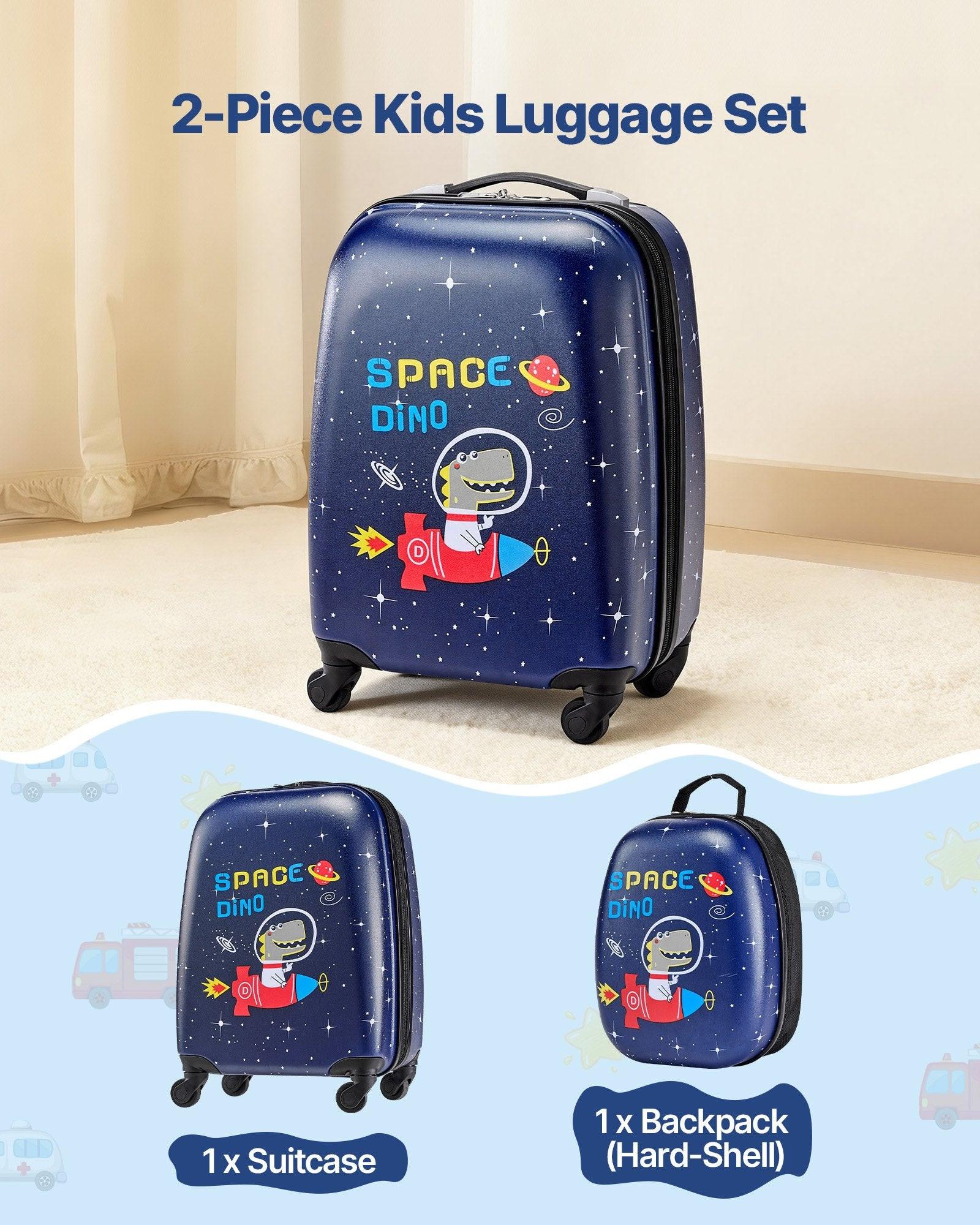 Kids Luggage Set, 2 Piece, 45.7 cm Hardside Rolling Wheels Suitcase with Hard-Shell Backpack, Dinosaur Kids Carry on Luggage Set, Holiday Birthday Present for Girls & Boys, Airline Approved.