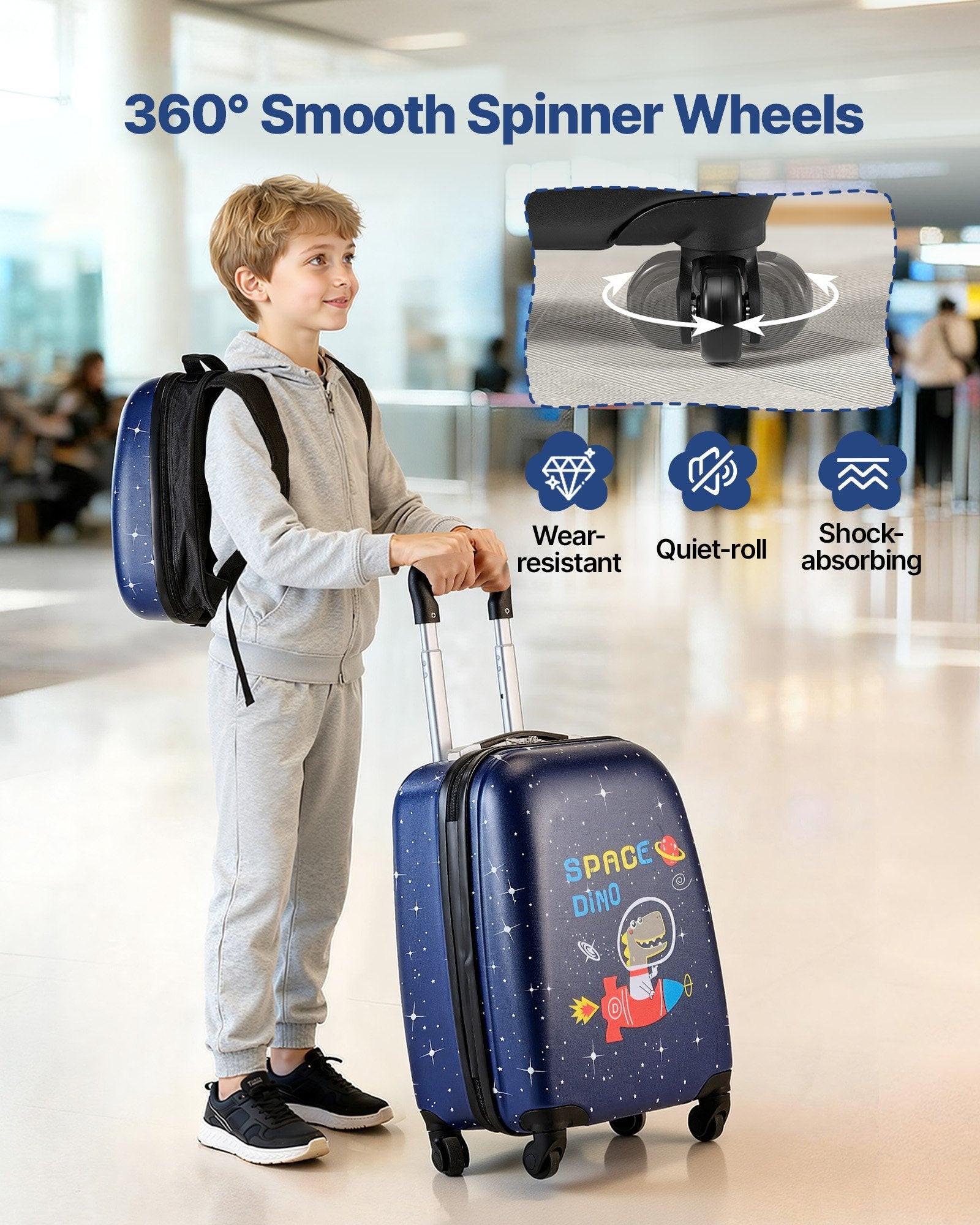 Kids Luggage Set, 2 Piece, 45.7 cm Hardside Rolling Wheels Suitcase with Hard-Shell Backpack, Dinosaur Kids Carry on Luggage Set, Holiday Birthday Present for Girls & Boys, Airline Approved.