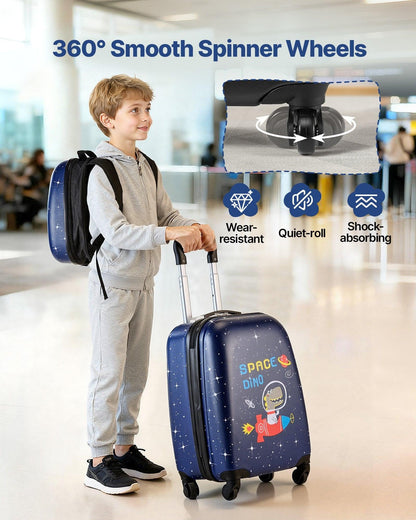 Kids Luggage Set, 2 Piece, 45.7 cm Hardside Rolling Wheels Suitcase with Hard-Shell Backpack, Dinosaur Kids Carry on Luggage Set, Holiday Birthday Present for Girls & Boys, Airline Approved.
