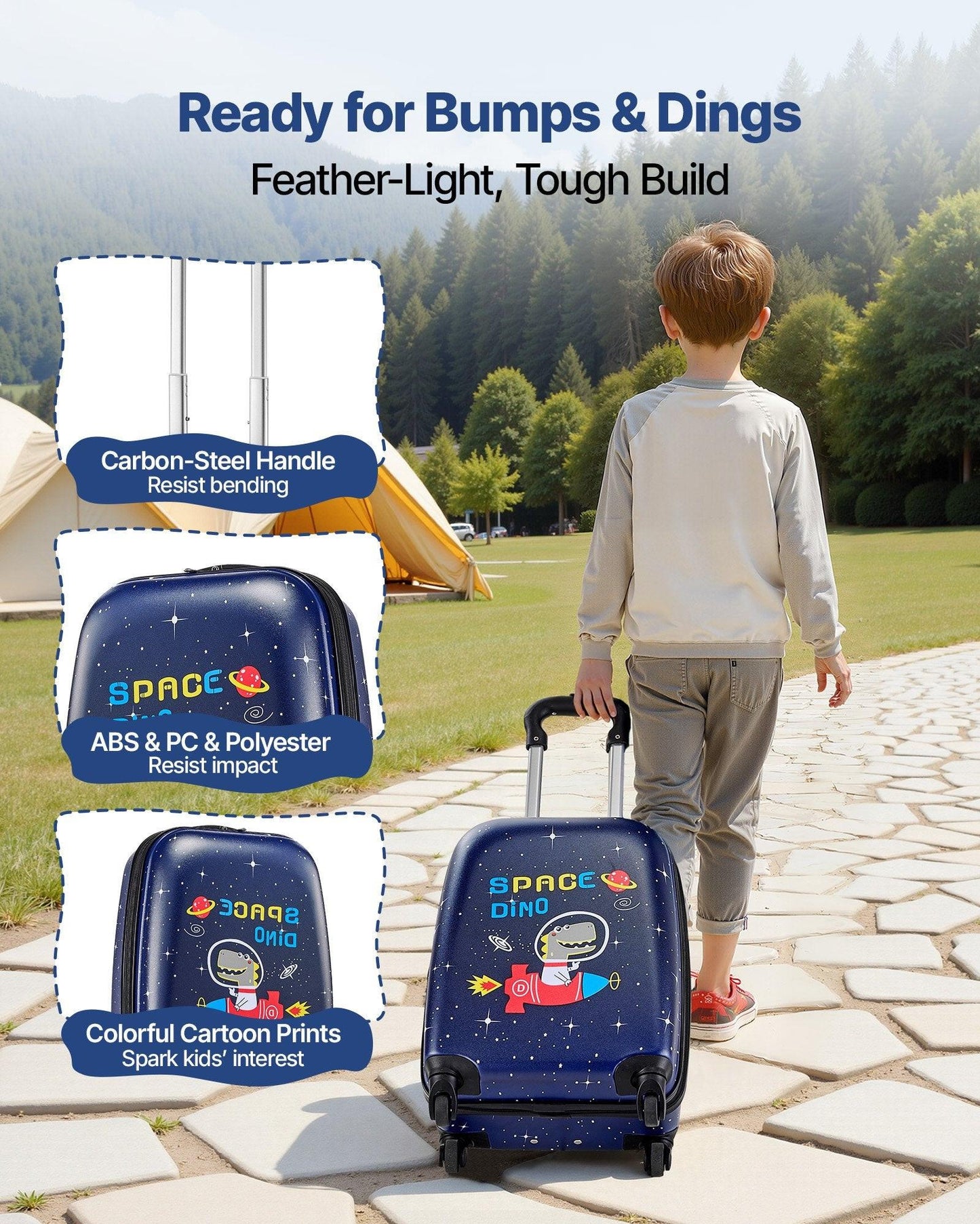 Kids Luggage Set, 2 Piece, 45.7 cm Hardside Rolling Wheels Suitcase with Hard-Shell Backpack, Dinosaur Kids Carry on Luggage Set, Holiday Birthday Present for Girls & Boys, Airline Approved.