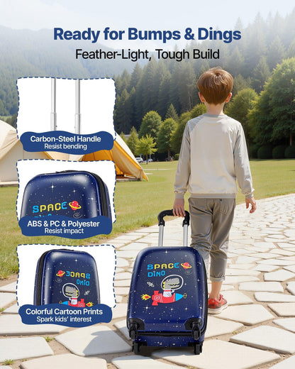 Kids Luggage Set, 2 Piece, 45.7 cm Hardside Rolling Wheels Suitcase with Hard-Shell Backpack, Dinosaur Kids Carry on Luggage Set, Holiday Birthday Present for Girls & Boys, Airline Approved.