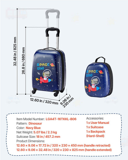 Kids Luggage Set, 2 Piece, 45.7 cm Hardside Rolling Wheels Suitcase with Hard-Shell Backpack, Dinosaur Kids Carry on Luggage Set, Holiday Birthday Present for Girls & Boys, Airline Approved.
