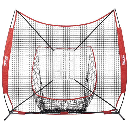 7x7 ft Baseball Softball Practice Net, Portable Baseball Training Net for Hitting Catching Pitching, Backstop Equipment with Bow Frame, Carry Bag, Strike Zone, 12 Balls, Tee, and Ball Collector.