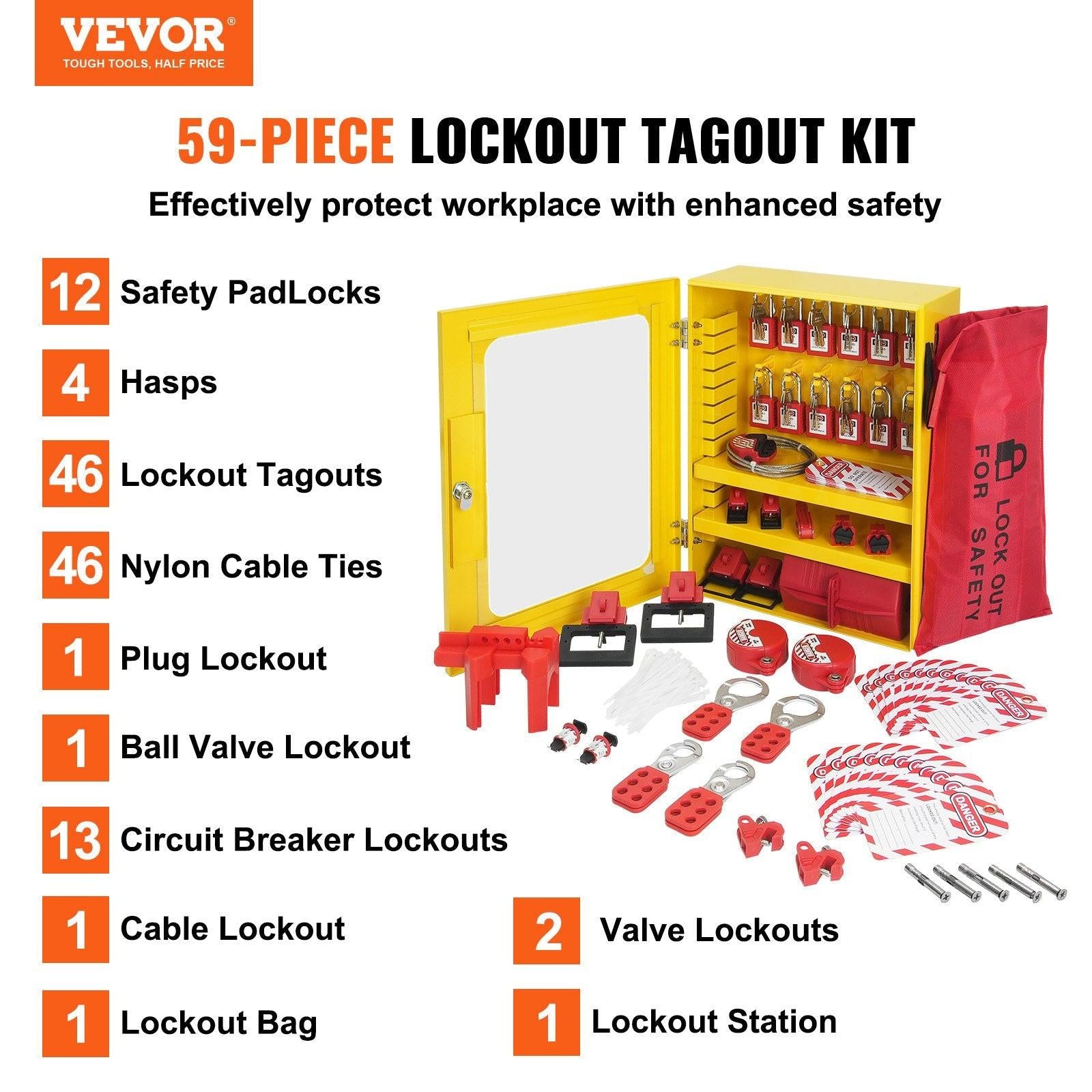 Electrical Lockout Tagout Kit, 59 PCS Safety Lockout Tagout Station With Padlocks, Hasps, Tags, Ties, Plug Lockout, Circuit Breaker Lockouts, Valve Lockouts, Cable Lockout, Lockout Bag, Box.