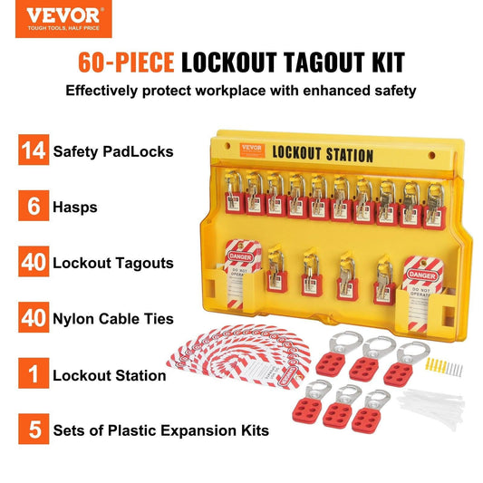 Electrical Lockout Tagout Kit, 60 PCS Safety Lockout Tagout Station Includes Padlocks, Hasps, Tags, Nylon Ties, Expansion Kit, and Lockout Station Board, for Industrial, Electric Power.