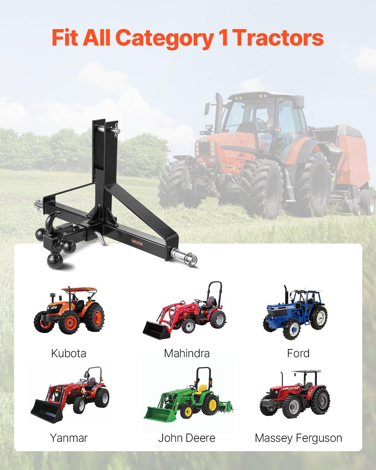 3 Point Trailer Hitch with 2 in Receiver, 3pt Quick Hitch Attachment, Heavy Duty Tractor Tow Drawbar Adapter, Compatible with Kubota, Mahindra, Ford, Yanmar, John Deere, Massey Ferguson.