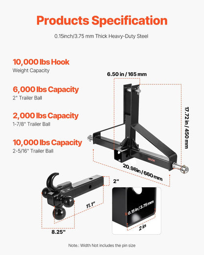 3 Point Trailer Hitch with 2 in Receiver, 3pt Quick Hitch Attachment, Heavy Duty Tractor Tow Drawbar Adapter, Compatible with Kubota, Mahindra, Ford, Yanmar, John Deere, Massey Ferguson.