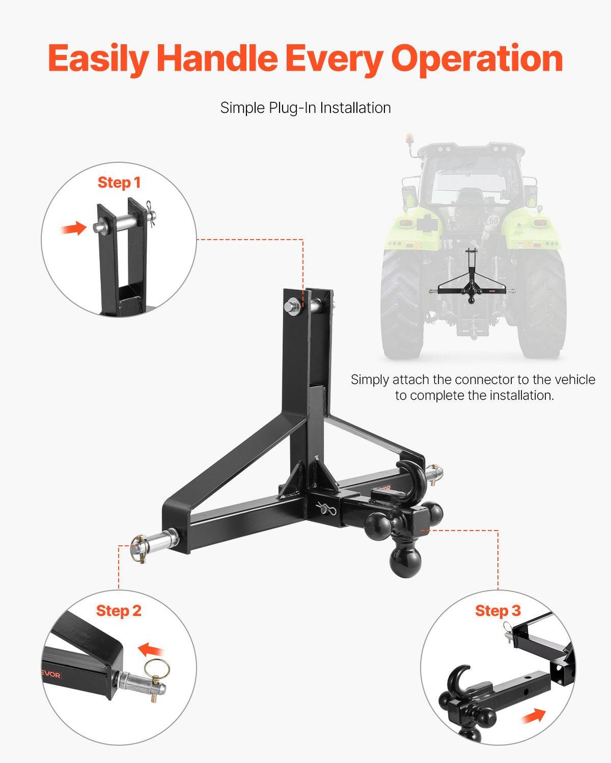 3 Point Trailer Hitch with 2 in Receiver, 3pt Quick Hitch Attachment, Heavy Duty Tractor Tow Drawbar Adapter, Compatible with Kubota, Mahindra, Ford, Yanmar, John Deere, Massey Ferguson.