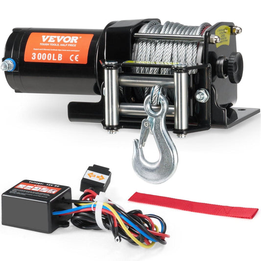 Electric Winch, 1361 kg Line Pull Capacity, 12V DC ATV/UTV Winch with Î¦0.5 x 1188.7 cm 7 Strands Steel Cable Roller Fairlead Wired Remote Control, IP55 Waterproof for Towing UTV ATV Off-Road.