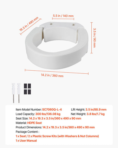 Raised Toilet Seat, 136.1 kg Load Capacity, 88.9 mm Lift Height, Commode Elevated Toilet Seat Riser with Enlarged Opening for Seniors, Elderly, Handicap, Disabled, Adults, Fits Elongated Bowl