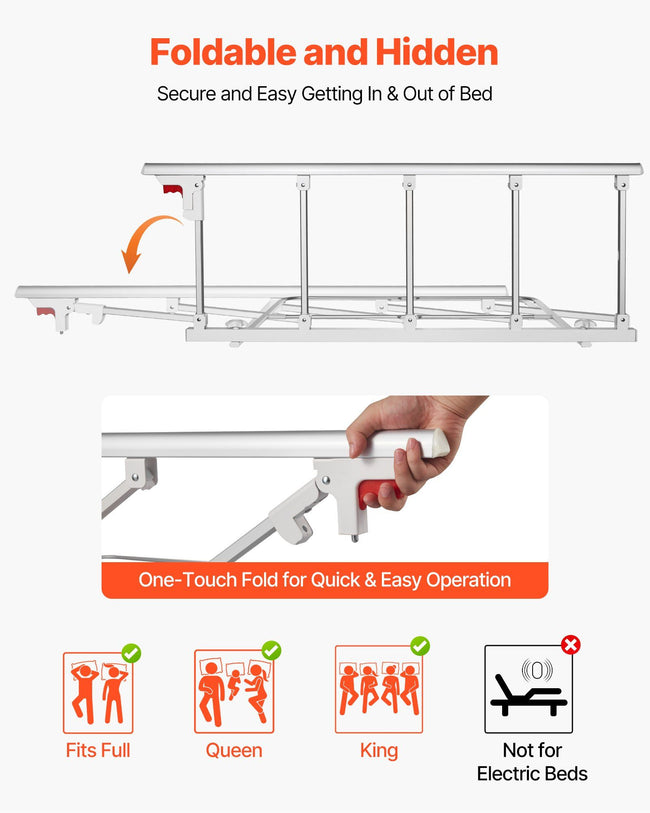 Foldable Bed Rail for Elderly, 122 cm Bedside Assist Rail with Fixing Strap, Adjustable Height Pipe Bedside Cane, High-Strength Metal Senior Bed Bar, Hand Guard Grab Fits King, Queen, Full, Twin Main Image