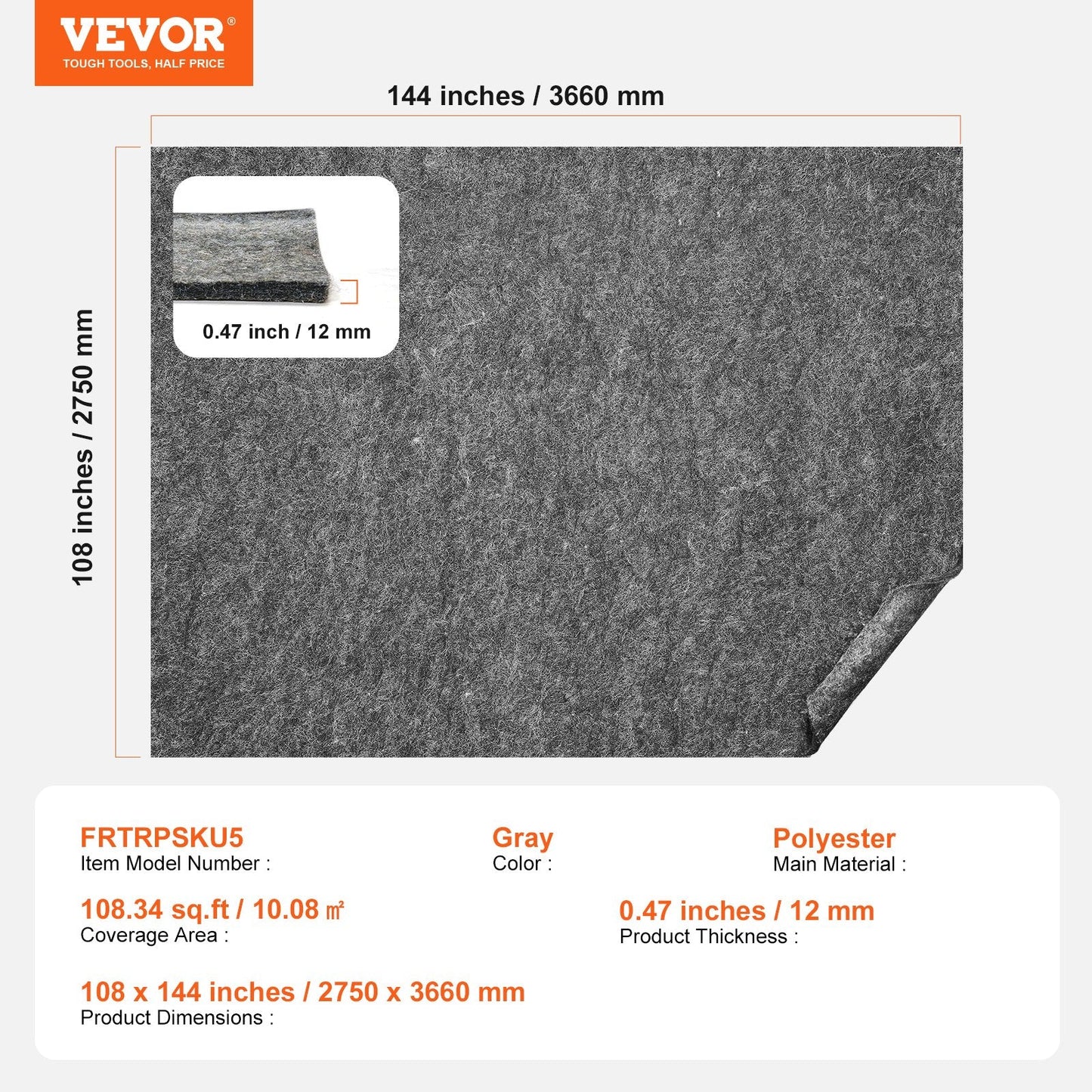 Rug Pad Gripper 9' x 12' Protective Carpet Pad 0.47" Thick for All Floors