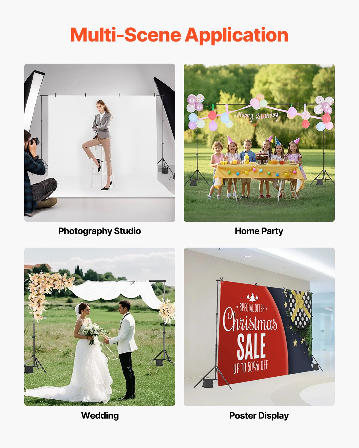 Backdrop Stand, 198 x 300 cm Adjustable Photo Backdrop Stand Kit, Portable Background Backdrop Stand with 5 Crossbars, Heavy Duty Projector Screen Stand, for Wedding, Photo Video Studio & Party