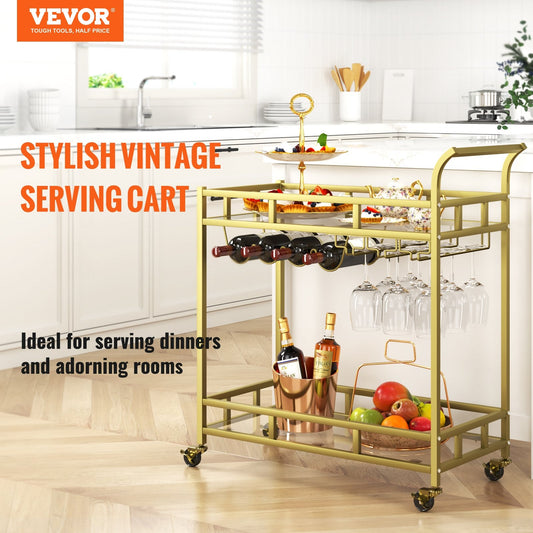 2 Tiers Gold Metal Bar Serving Cart with Wine Rack Glass Holder 120 LBS