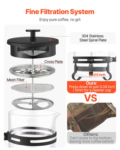 French Press Coffee Maker, 1 Liter Borosilicate Glass Coffee Press Tea Maker with Stainless Steel Filter, Large Glass French Presses Cold Brew for Camping Travel Home Kitchen, Silver