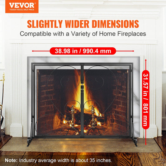 990x802MM Fireplace Screen 2-Panel Iron Mesh Spark Guard Vintage Black