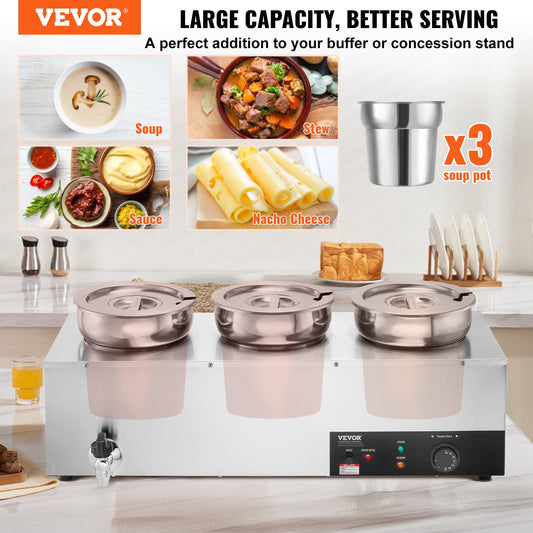 Electric Soup Warmer, Three 7.4QT Stainless Steel Round Pot, 1200W Commercial Food Warmer, 30 - 85℃ Adjustable Temp, Bain Marie with Anti-Dry Burn and Reset Button, for Restaurant, Buffet