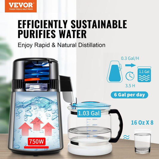 Water Distiller, 4L 1.05 Gallon Pure Water Purifier Filter For Home Countertop, 750W Distilled Water Maker, Stainless Steel Interior Distiller Water Making Machine to Make Clean Water, Silvery.