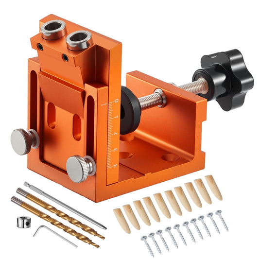Pocket Hole Jig Kit, 12 mm to 48 mm Adjustable, Jig Pocket Hole System with Step Drill, Hex Wrench, Drill Stop Ring, Square Drive Bit, Plugs and Screws, Reinforced Metal Frame, for Woodworking.