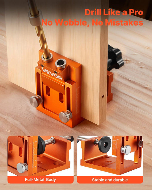 Pocket Hole Jig Kit, 12 mm to 48 mm Adjustable, Jig Pocket Hole System with Step Drill, Hex Wrench, Drill Stop Ring, Square Drive Bit, Plugs and Screws, Reinforced Metal Frame, for Woodworking.
