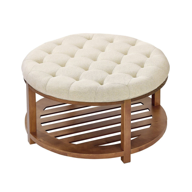Large Round Ottoman Coffee Table, 81 cm Tufted Coffee Table with Solid Wood Shelf Storage, Linen Solid Upholstered Footrest Ottoman for Bedroom Living Room, 350 LBS, Linen Color Hover Image